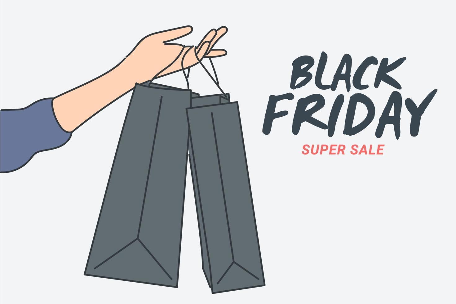 concepto de banner de viernes negro. mano sosteniendo bolsas de compras. buenas compras el viernes negro. estilo de línea fina dibujada a mano, ilustraciones vectoriales. vector