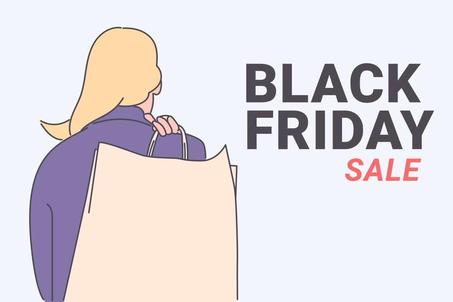 Black Friday banner concept.Girl or woman carrying a shopping bag after big sale. Good shopping on black friday. Hand drawn thin line style, vector illustrations.