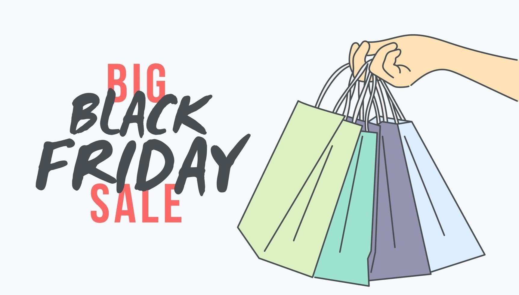 Black Friday banner concept. Hand holding shopping bags on Black Friday. vector