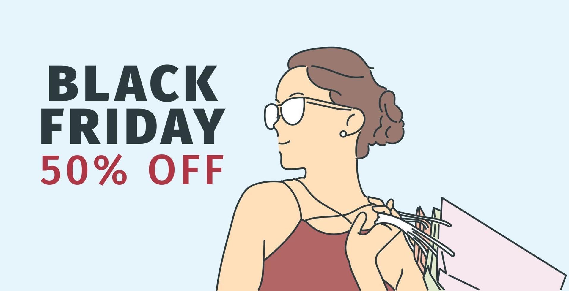 Black Friday banner concept. Cheerful young girl happy with shopping on Black Friday vector