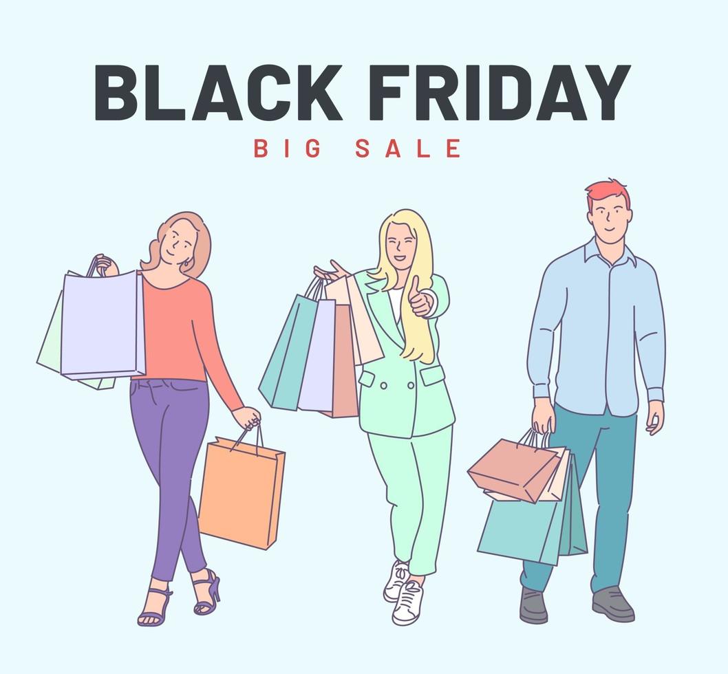 Black Friday banner concept. Young happy smiling customers friends walking together with shop bags from store. Hand drawn in thin line style, vector illustrations.