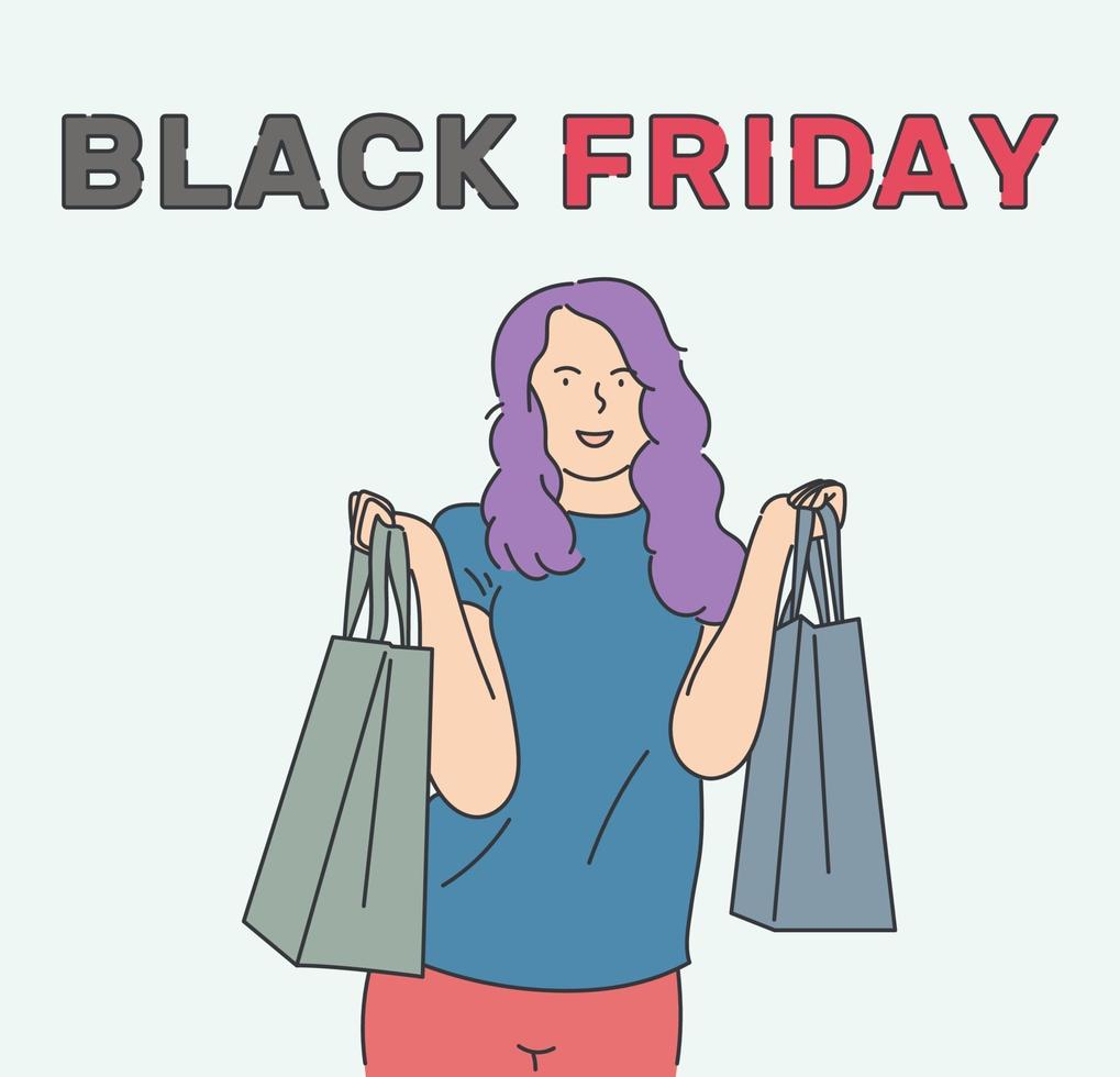 concepto de banner de viernes negro. hermosa chica llevando bolsas de la compra y sonriendo felizmente. dibujado a mano en estilo de línea fina, ilustraciones vectoriales. vector