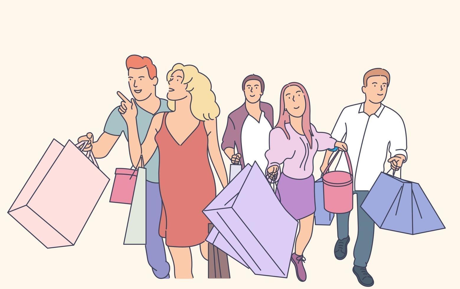 Shopping, sale, choice, store, buy concept. Young happy smiling customers friends walking together with shop bags from store. Hand drawn in thin line style, vector illustrations.