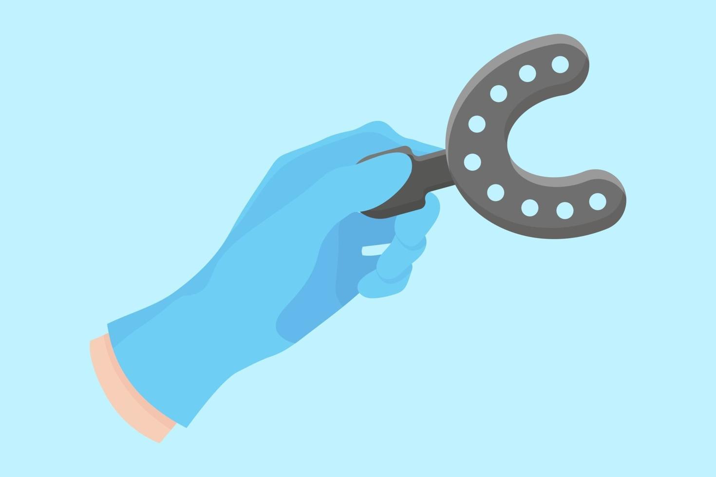 Vector cartoon hand of a dentist in a blue glove that hold a dental instrument spoon for taking an impression of the jaw