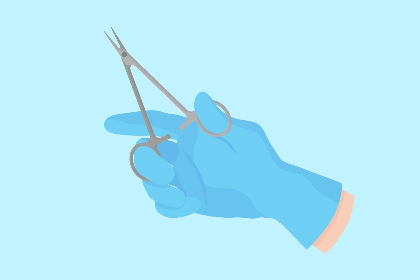 Vector cartoon hand of a dentist in a blue glove that hold a dental instrument endodontic forceps for dental procedures