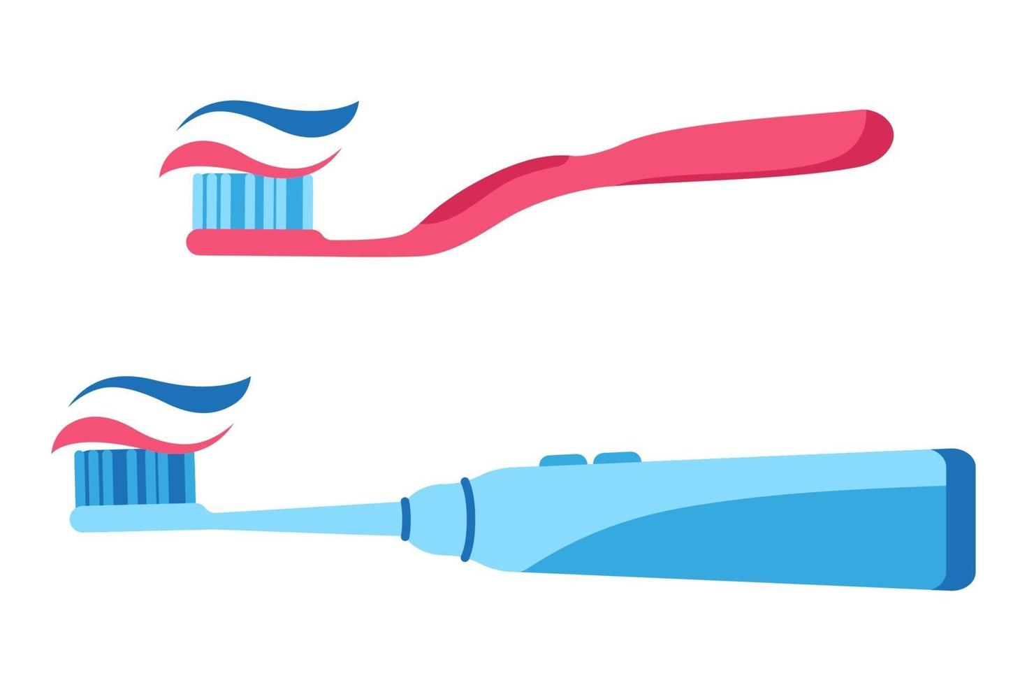 Ilustración de dibujos animados de vector de cepillo de dientes manual y eléctrico con pasta de dientes exprimida aislado sobre fondo blanco.