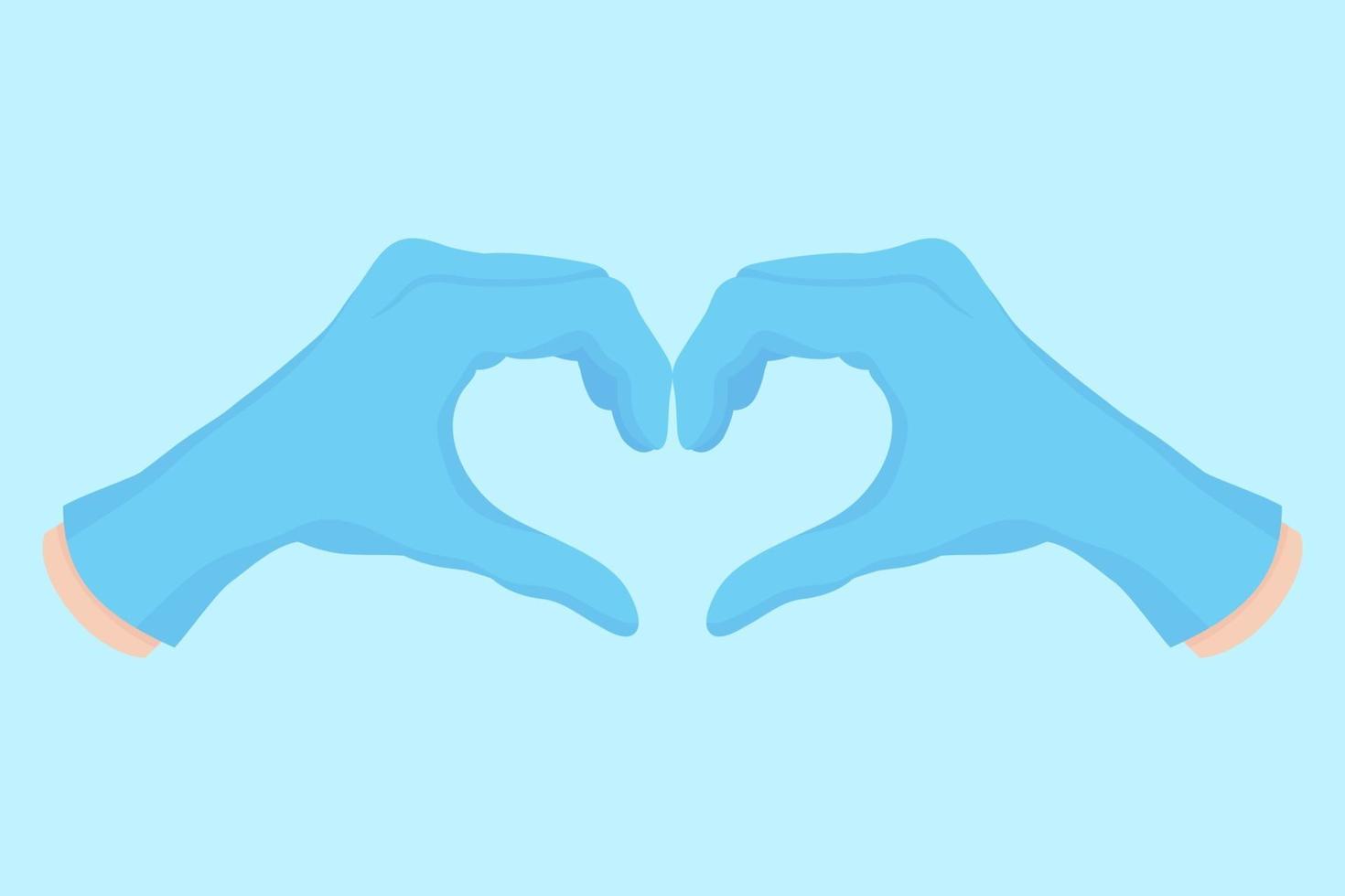 Vector cartoon illustration of a doctor's hand in blue gloves, in the shape of a heart.