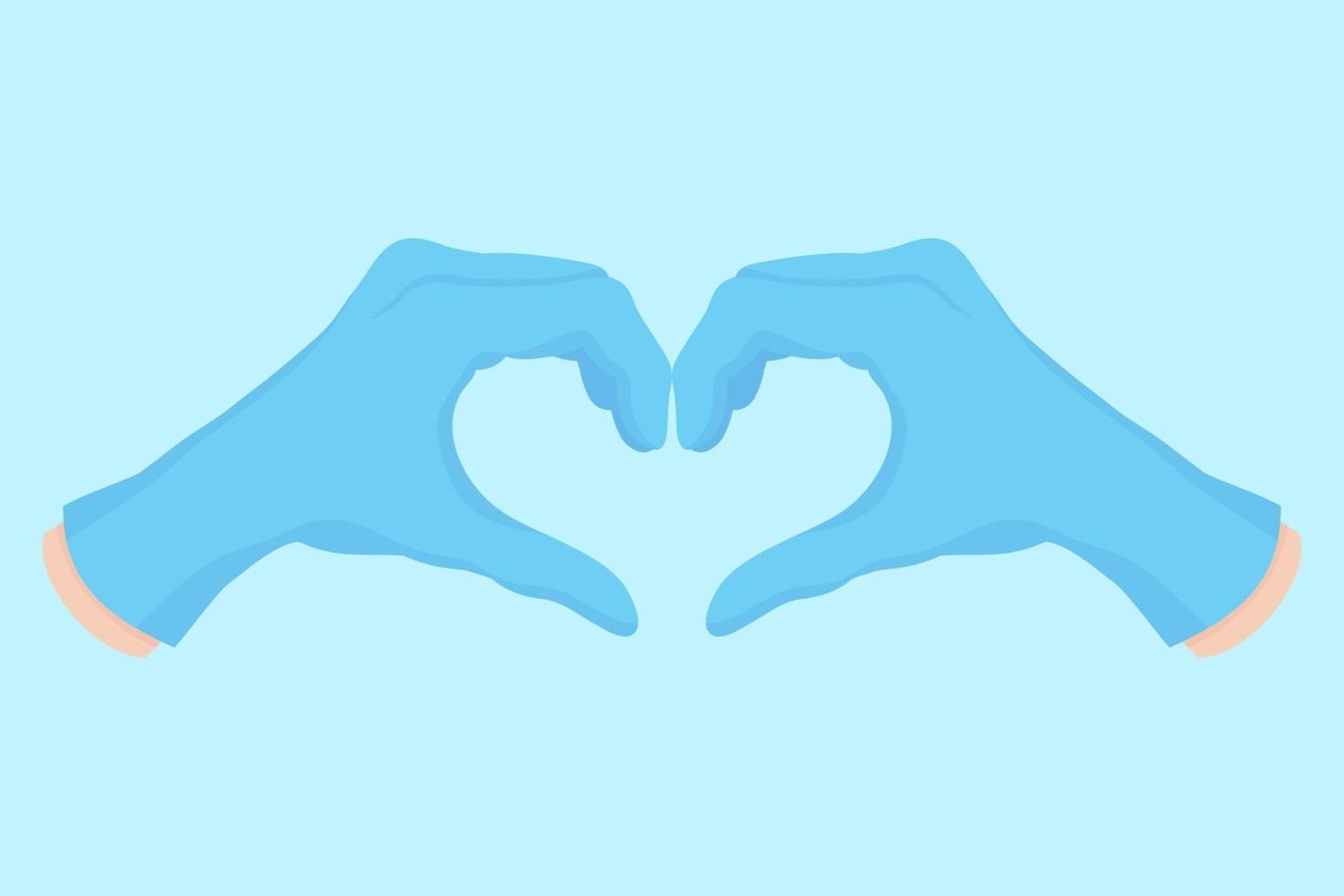 Vector cartoon illustration of a doctor's hand in blue gloves, in the shape of a heart.