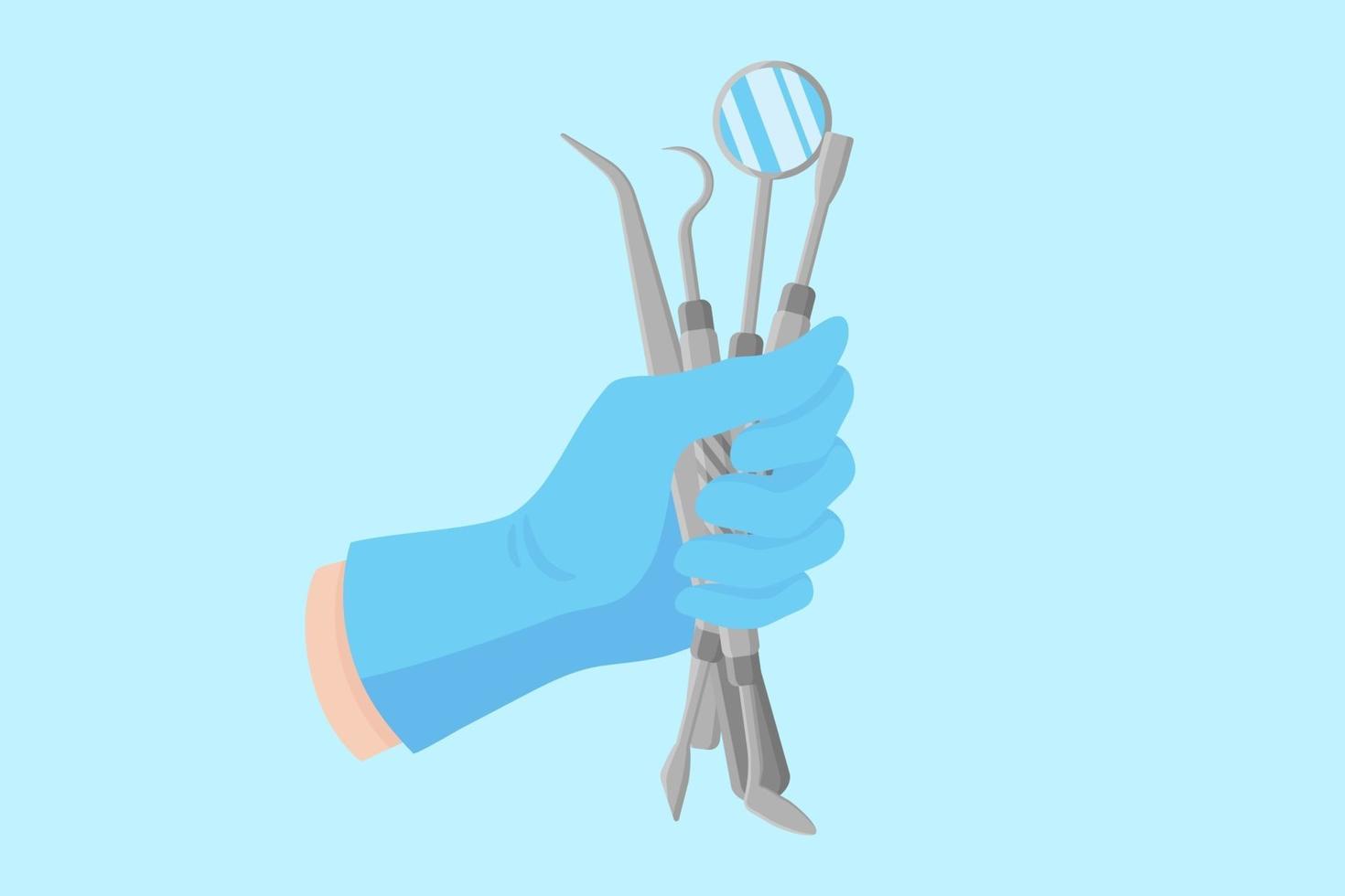 Hand of a dentist in a blue glove that hold a dental instruments. vector