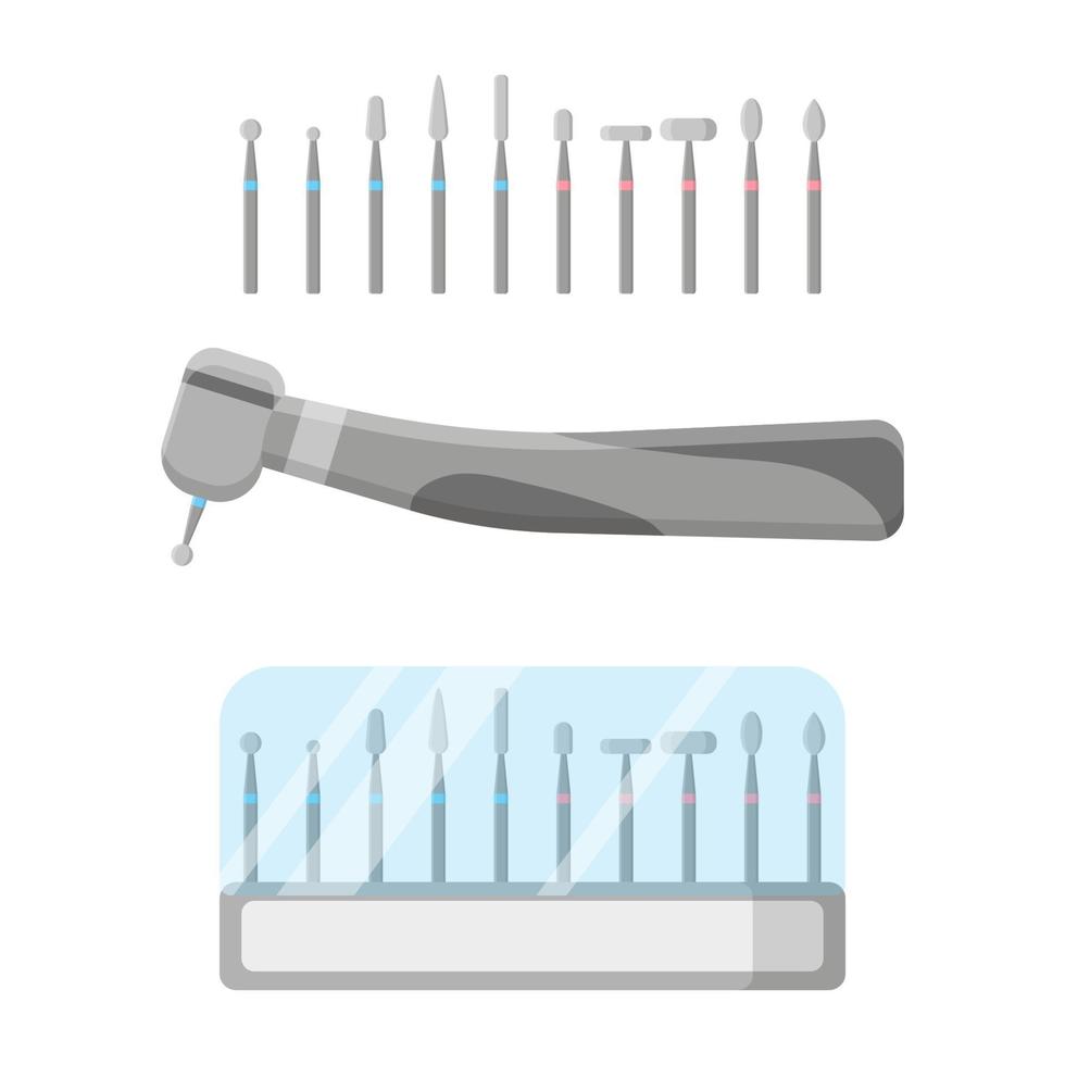 Ilustración de dibujos animados de vector de taladro dental con fresas conjunto aislado sobre fondo blanco.