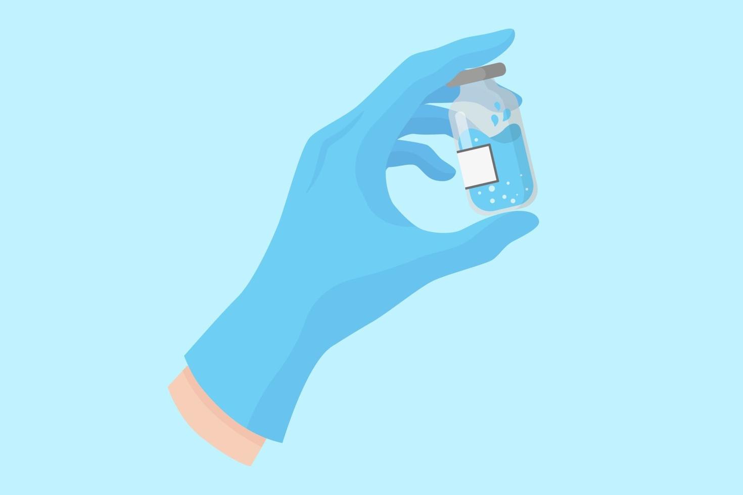 Vector cartoon hand of a dentist in a blue glove that hold a glass bottle with a vaccine or medicine.