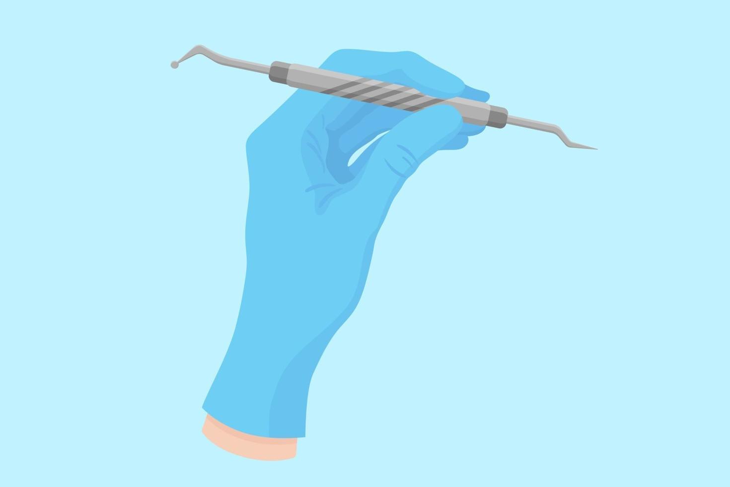 Vector cartoon hand of a dentist in a blue glove that hold a dental instrument excavator and probe.