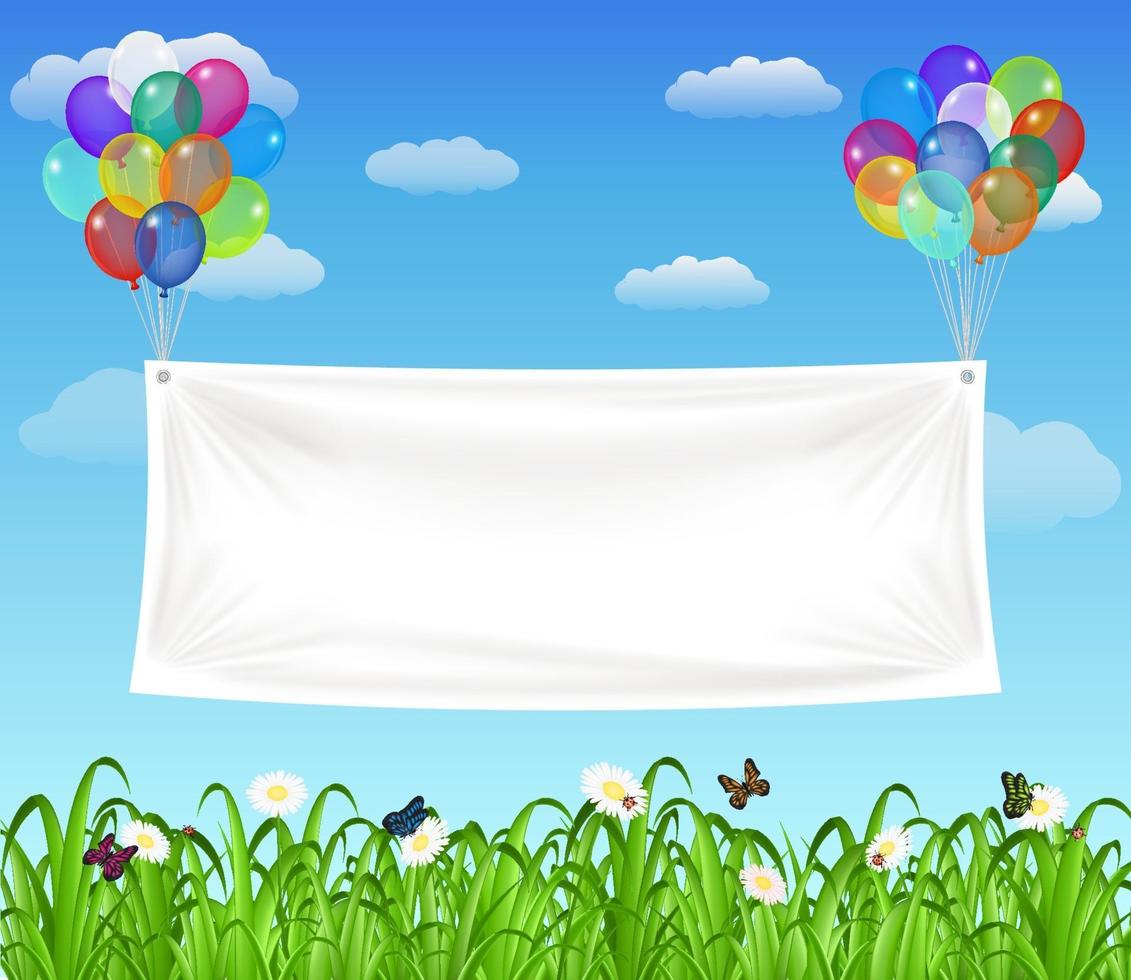 Banner de vinilo blanco flotando con globos de colores. vector