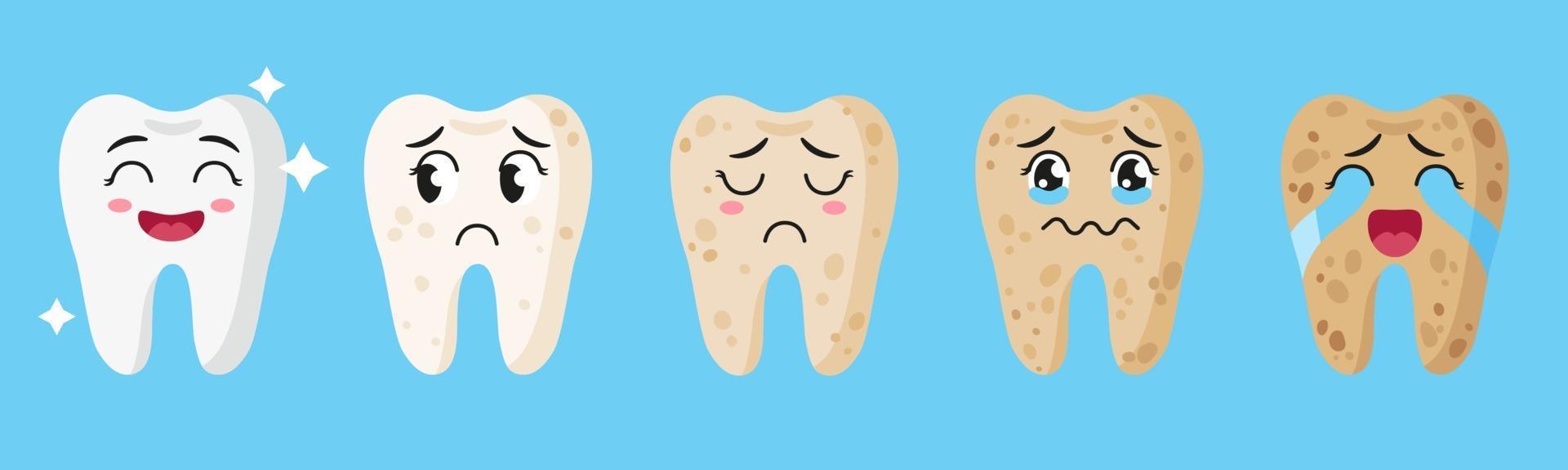 Vector cartoon set of cute characters of teeth with different emotions showing stages of whiteness and health of teeth.