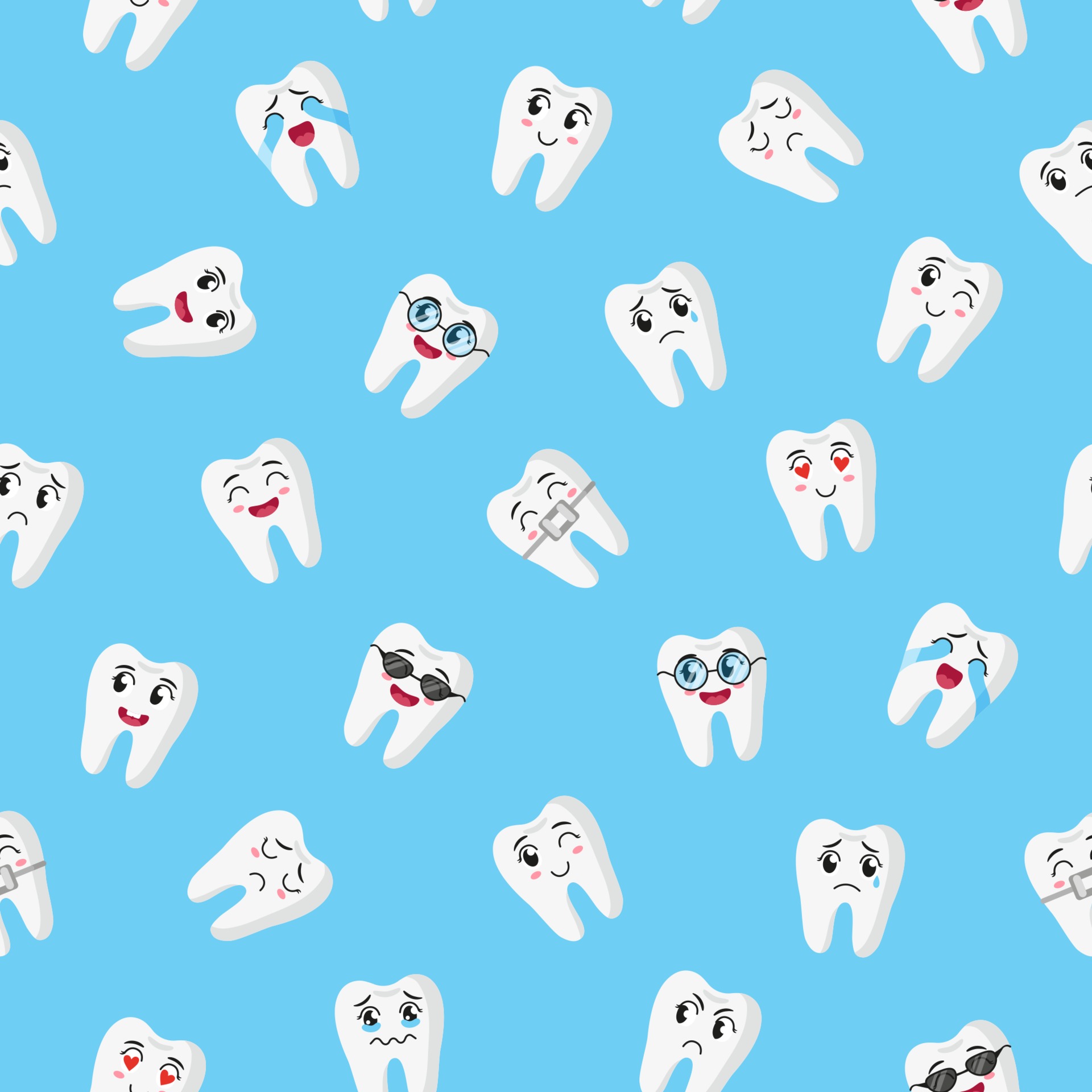 Vector cartoon seamless pattern with cute teeth characters with
