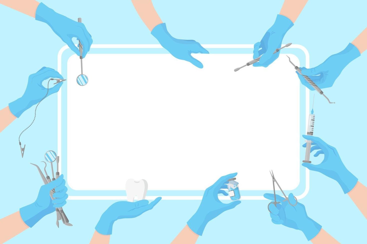 Vector de dibujos animados banner dental limpio con la imagen de las manos de los médicos en guantes azules que sostienen las herramientas dentales
