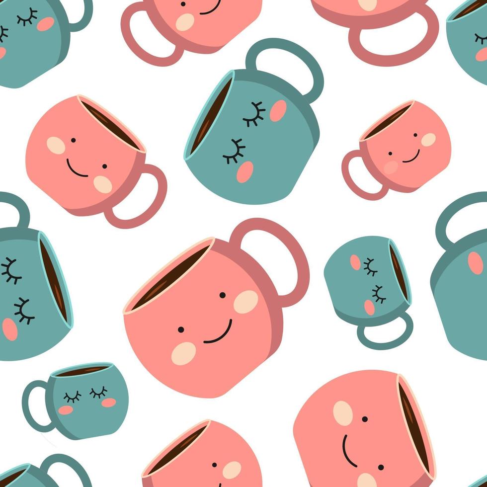 Seamless pattern with pink and blue cup with emotions, smile. Coffee cup with smoke float up. Vector Illustration. Flat style. Decorative design for cafeteria, posters, banners, cards.