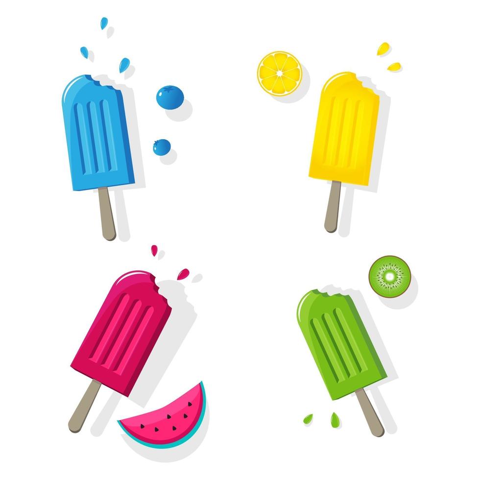 helado de paletas de frutas conjunto de confección de palitos congelados aislados con iconos de fruts en la ilustración de vector de fondo en blanco. Colección de polos de hielo juego afrutado coloreado de cuatro paletas heladas