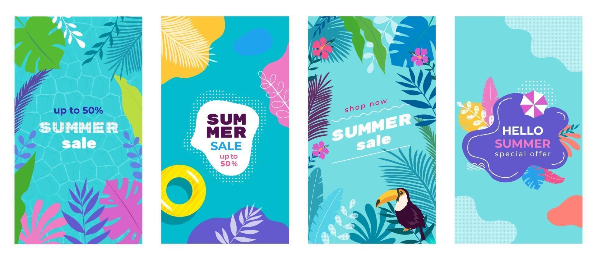 Plantilla de banner de fondo de historias de redes sociales de venta de verano con hojas tropicales, plumeria, monstera, paraguas de arena, tucán, flotadores de piscina, fondo de piscina. plantilla para flyer, web e impresión. vector