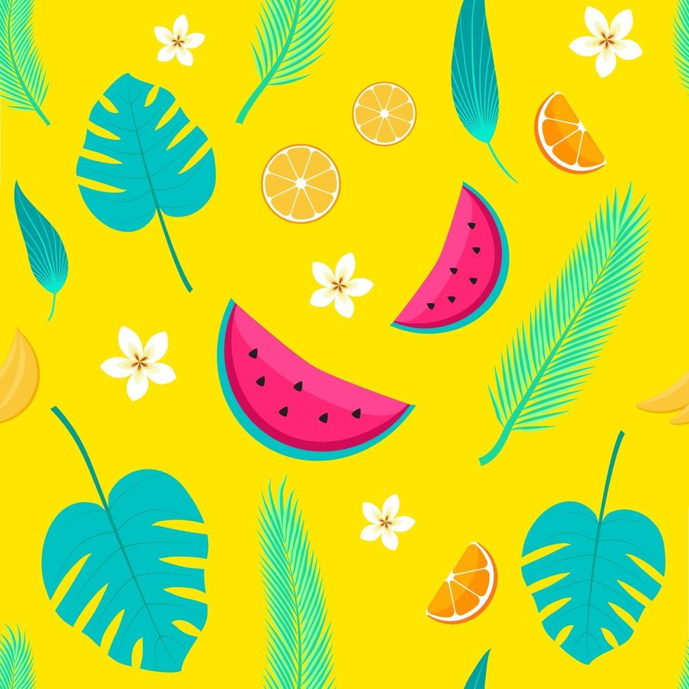 frutas tropicales y hojas de palmera de patrones sin fisuras, fondo de verano en vector. Ilustración de sandía, naranjas, bannanas, flores y hojas. perfecto para fondos de pantalla, fondos de páginas web, texturas superficiales, textiles. vector