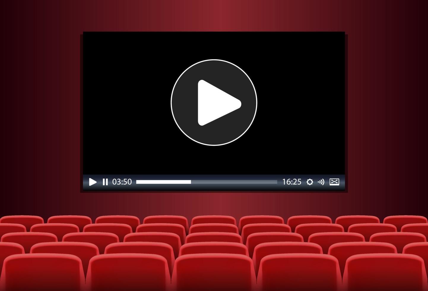 filas de asientos rojos frente a la reproducción multimedia en una pantalla vector