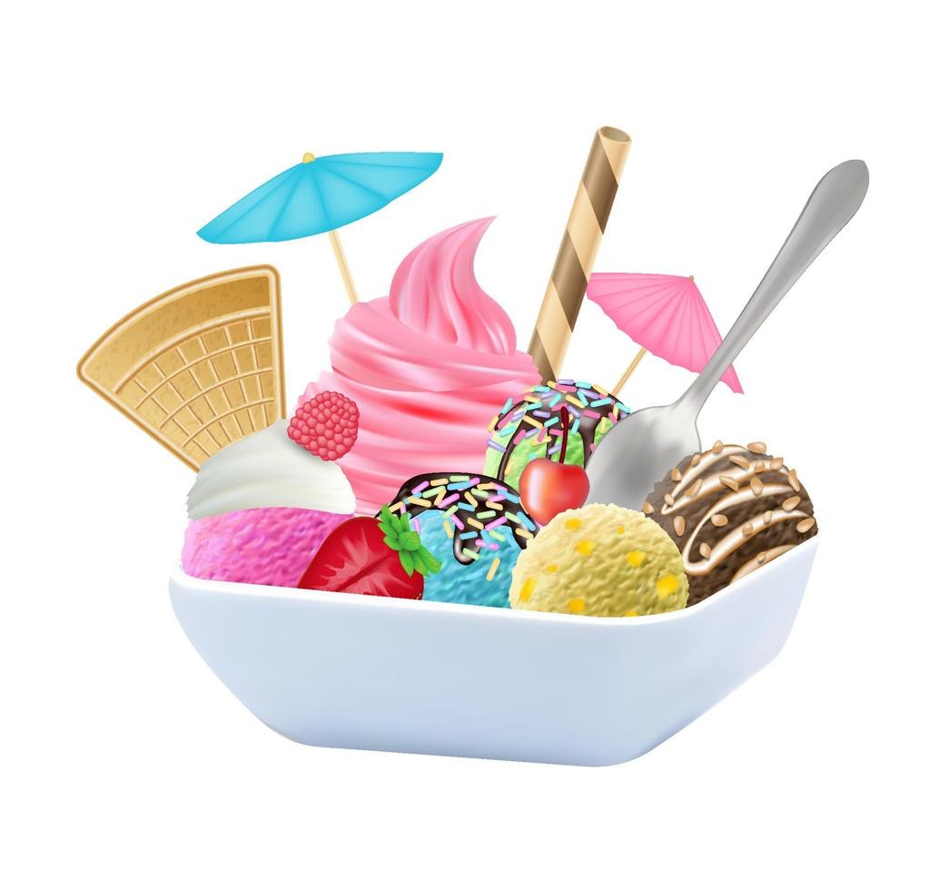 set of real chocolate, lemon, mango, strawberry and mint ice cream on a dish vector