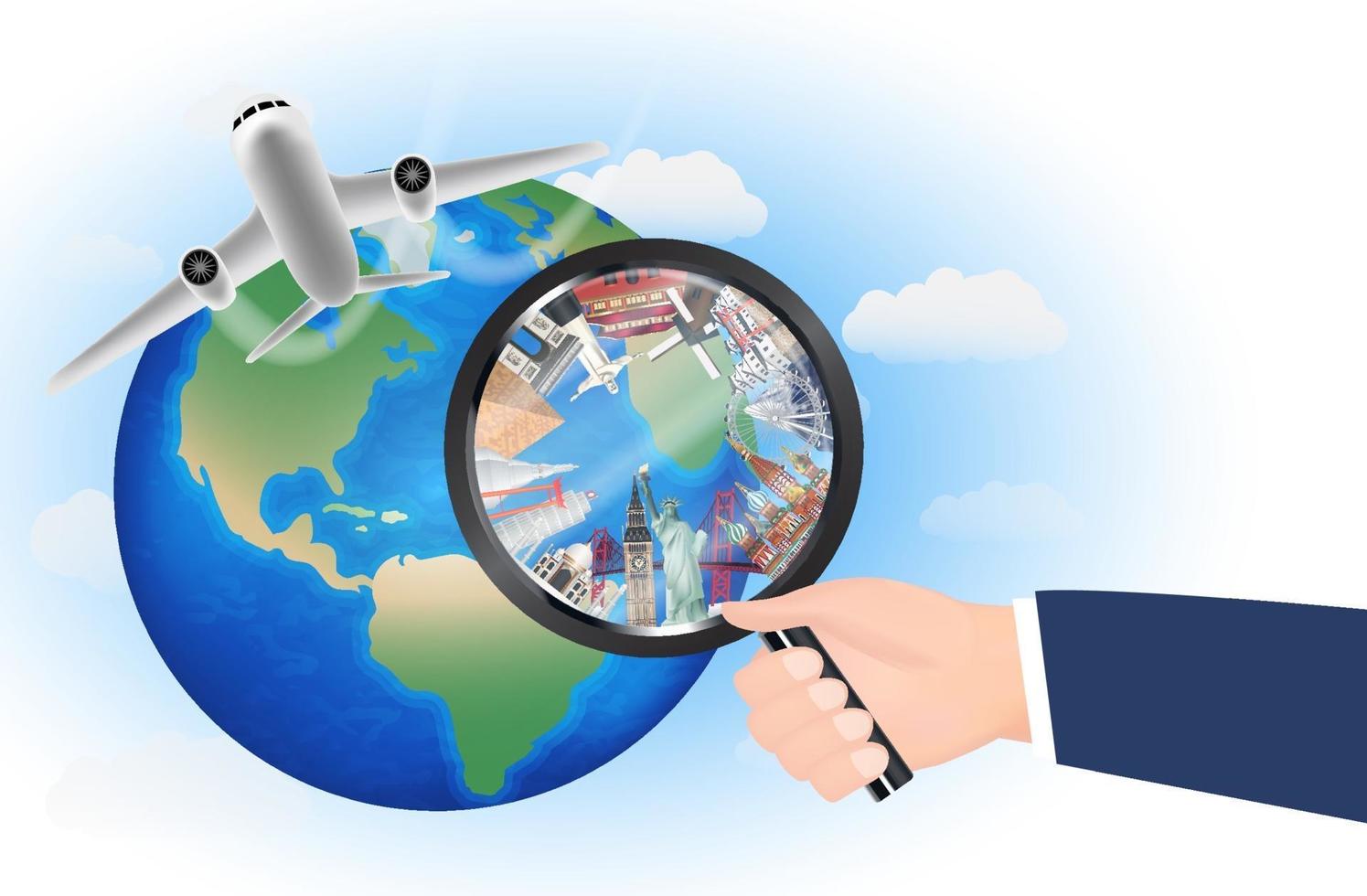 world landmarks in magnifying glass with airplane vector