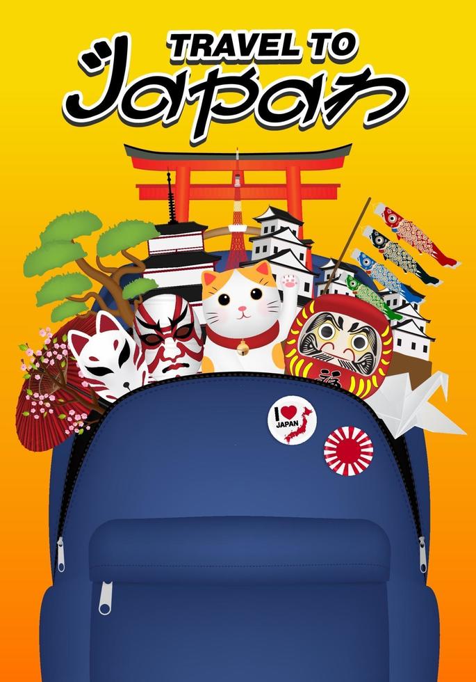 travel japan with bag full of japan objects vector