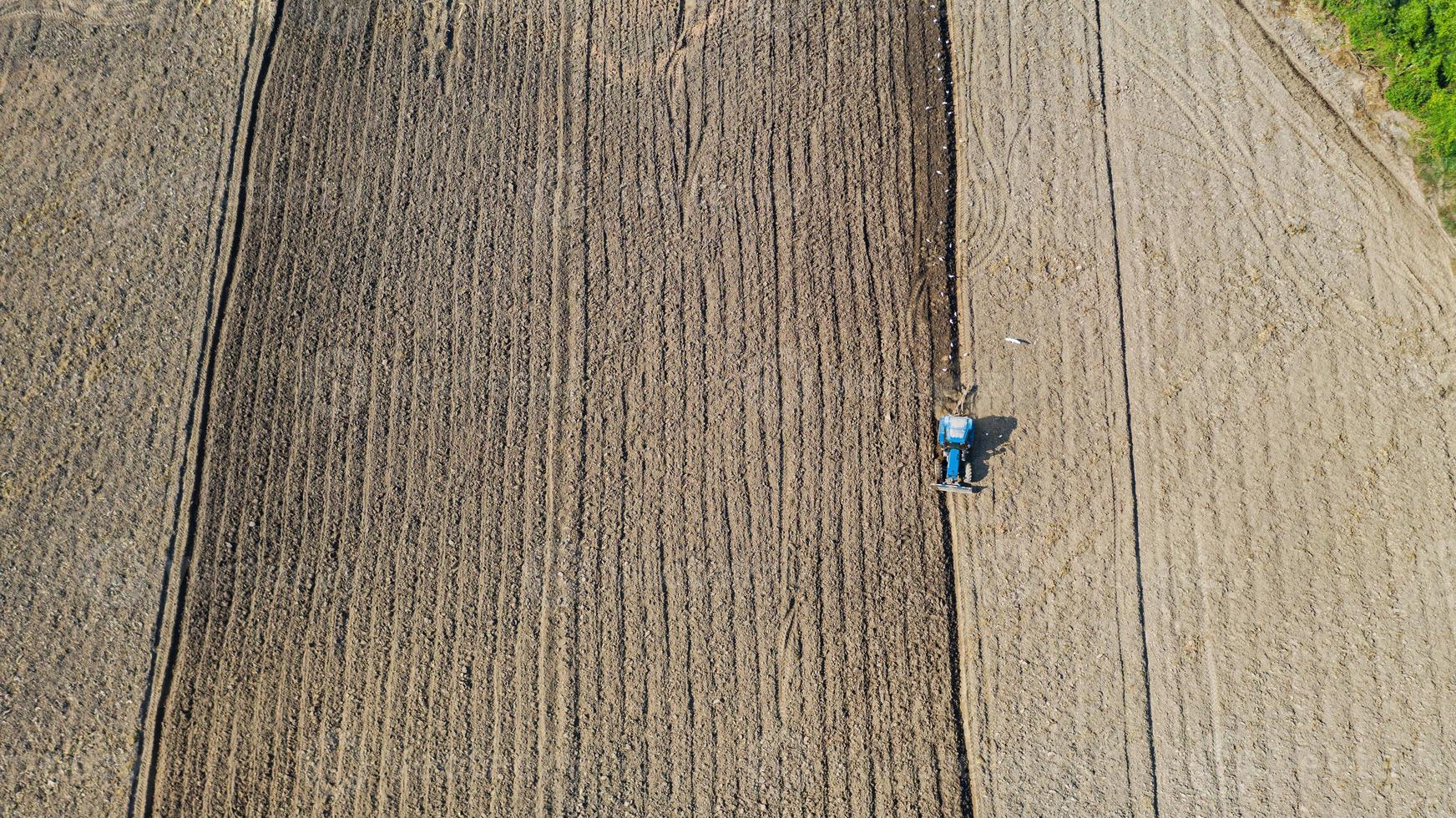 Top view of agricultural tractor vehicles working at field photo