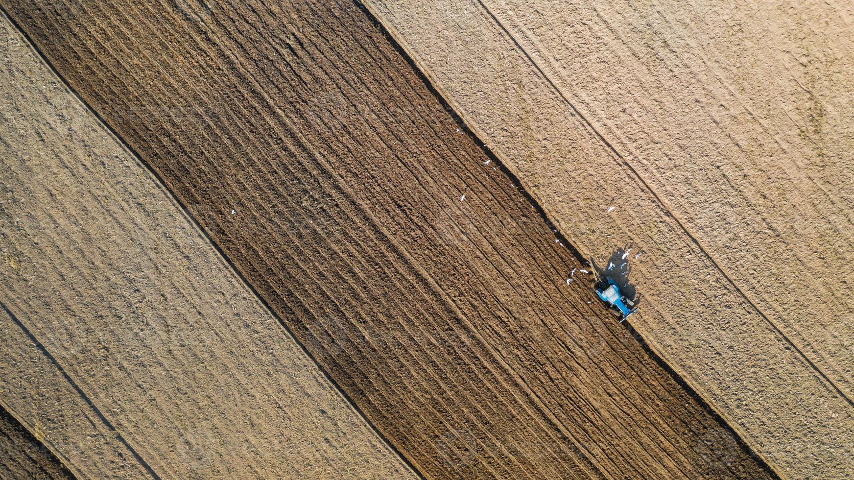 Top view of agricultural tractor vehicles working at field photo