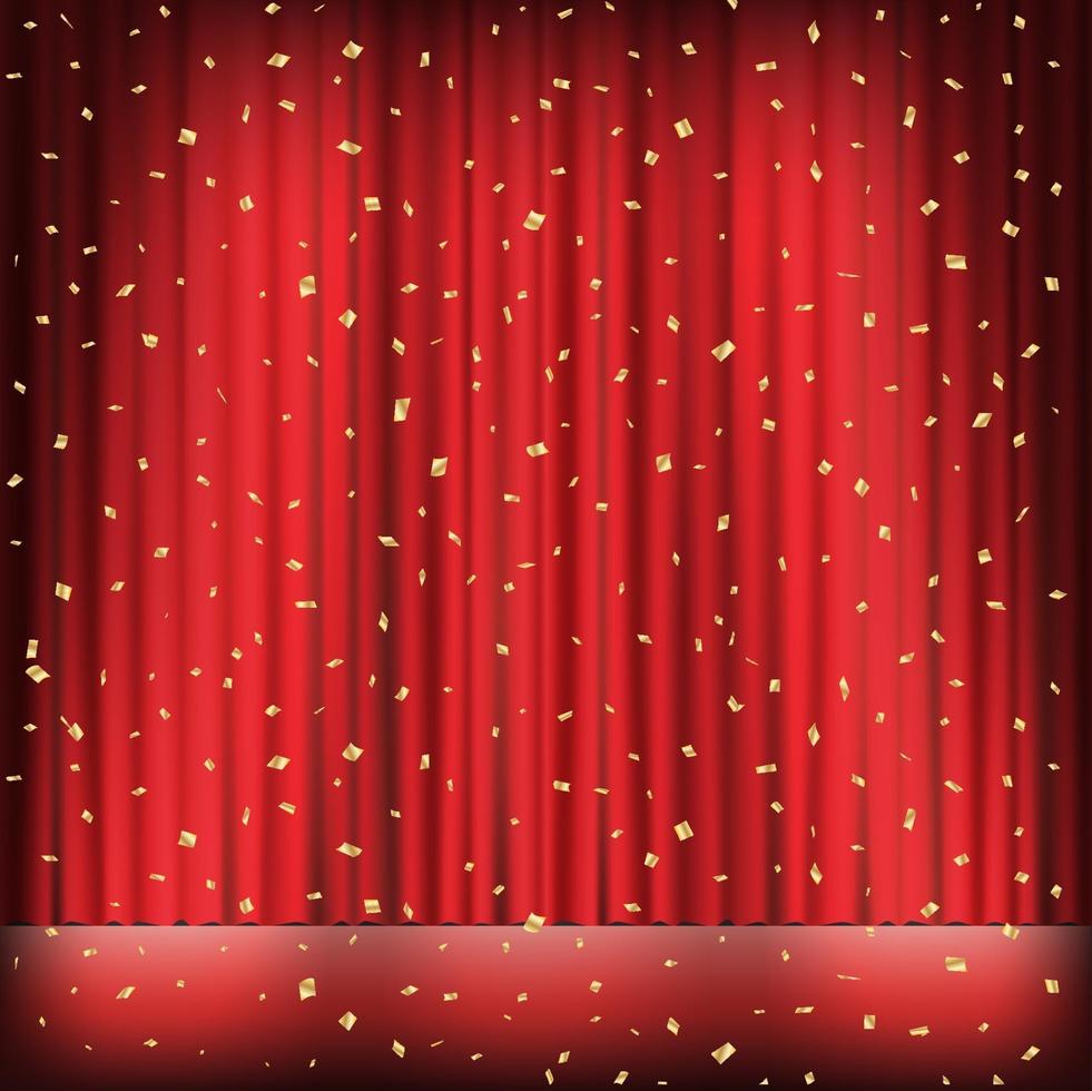 Escenario de cortina roja con confettis de luz y oro. vector