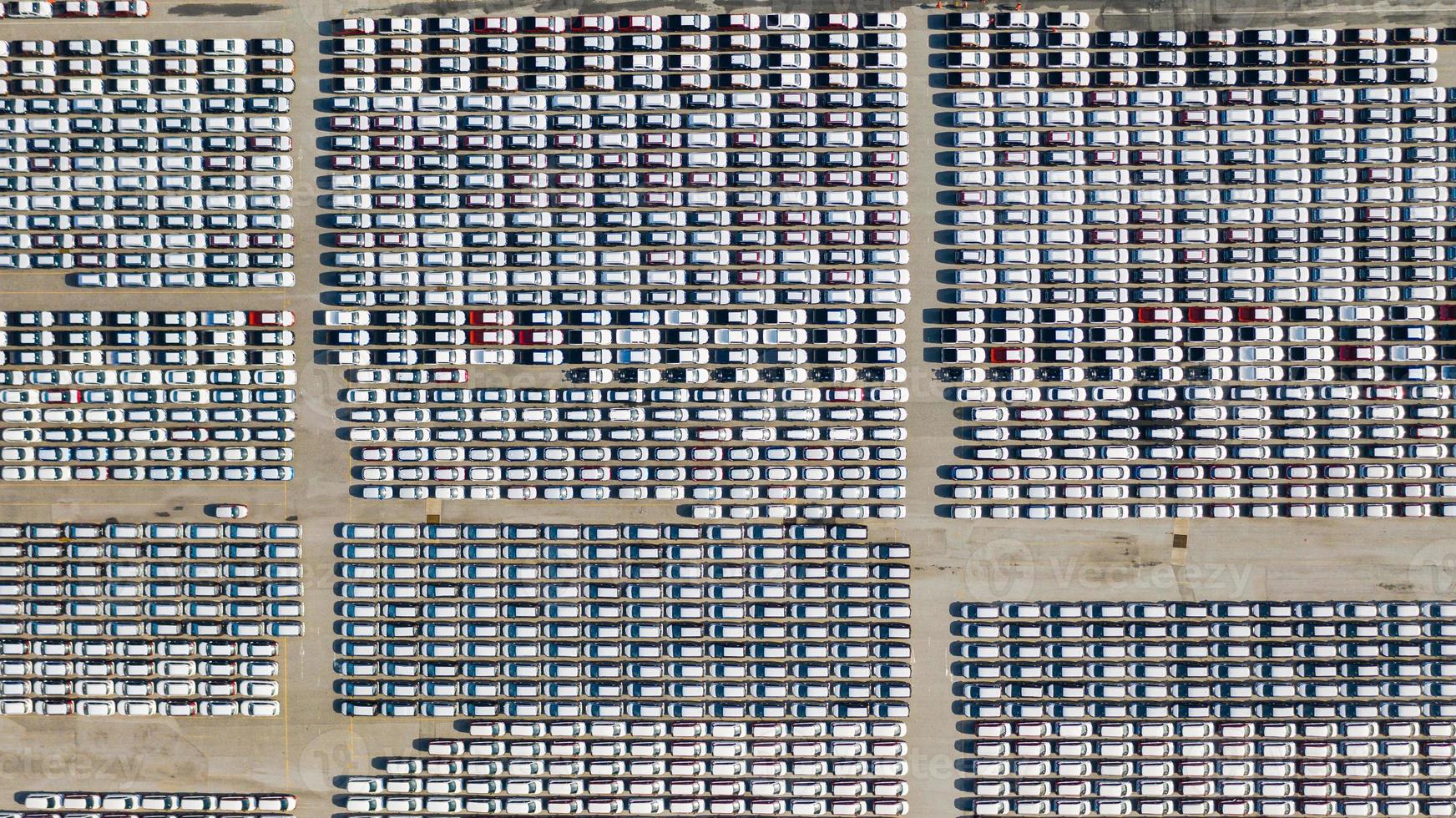 Aerial view of parking lot for new cars photo