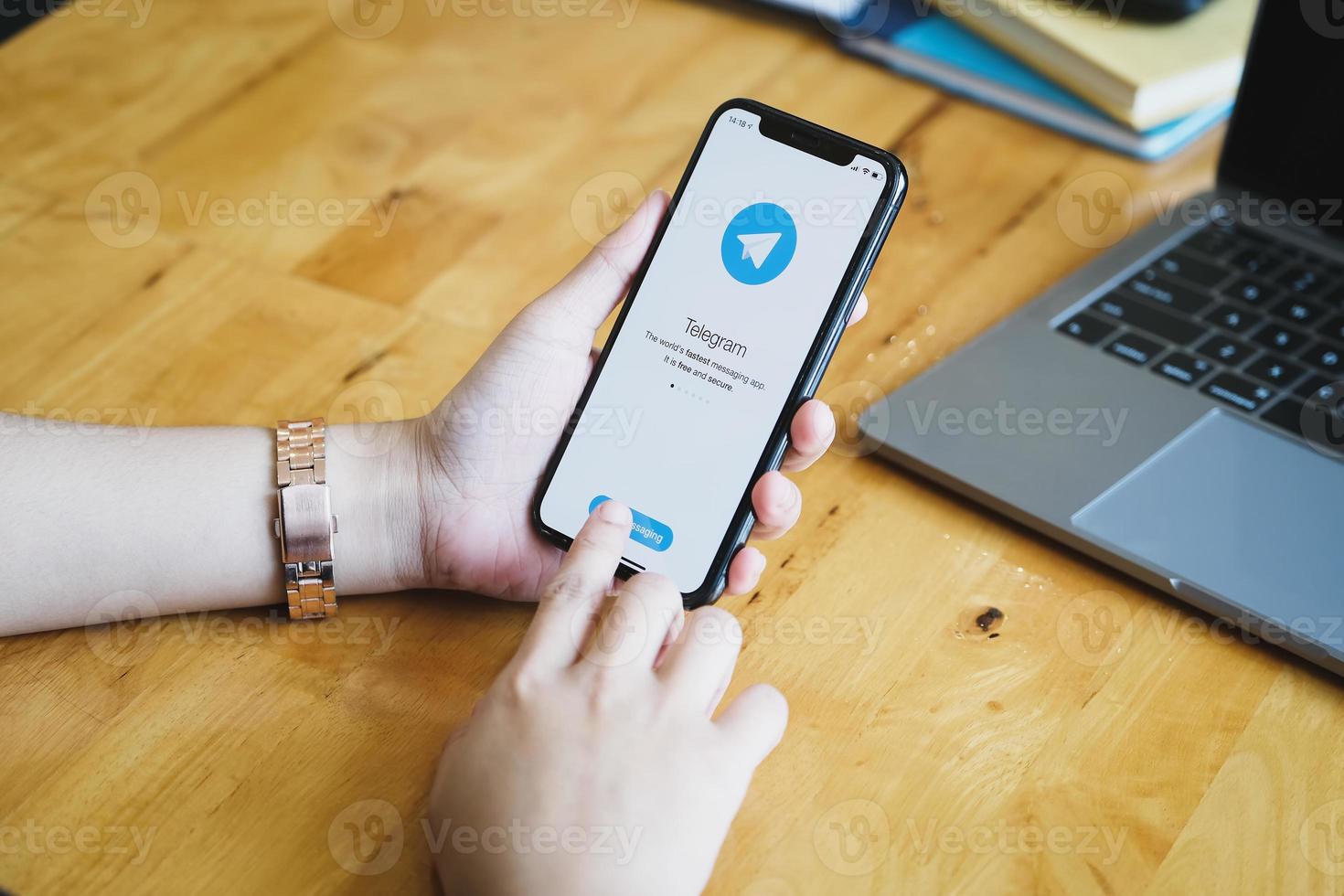 Chiangmai, Thailand, Jan 23, 2021 - Person using the Telegram app to communicate photo