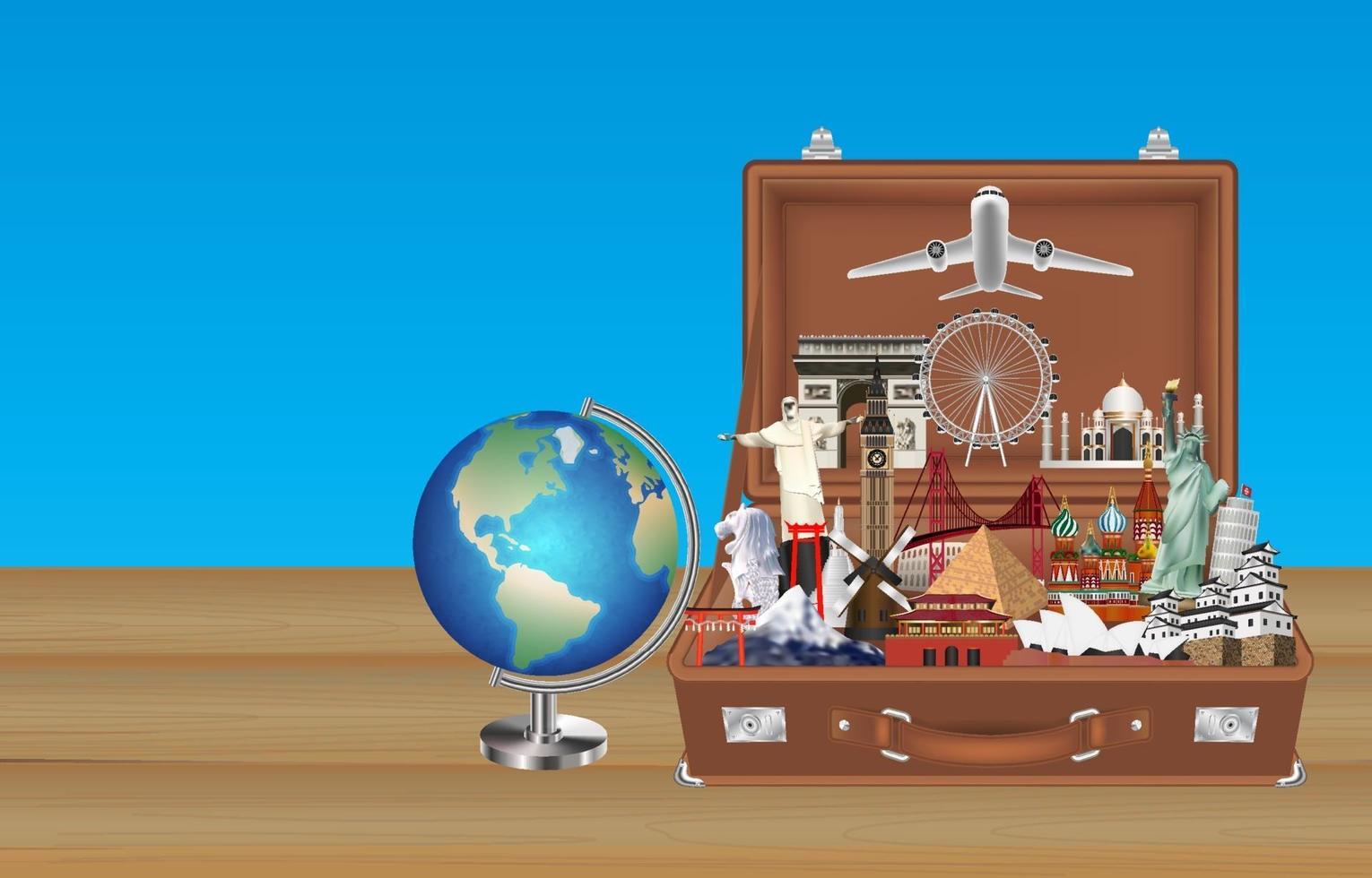 globe travel landmarks in suitcase with airplane vector
