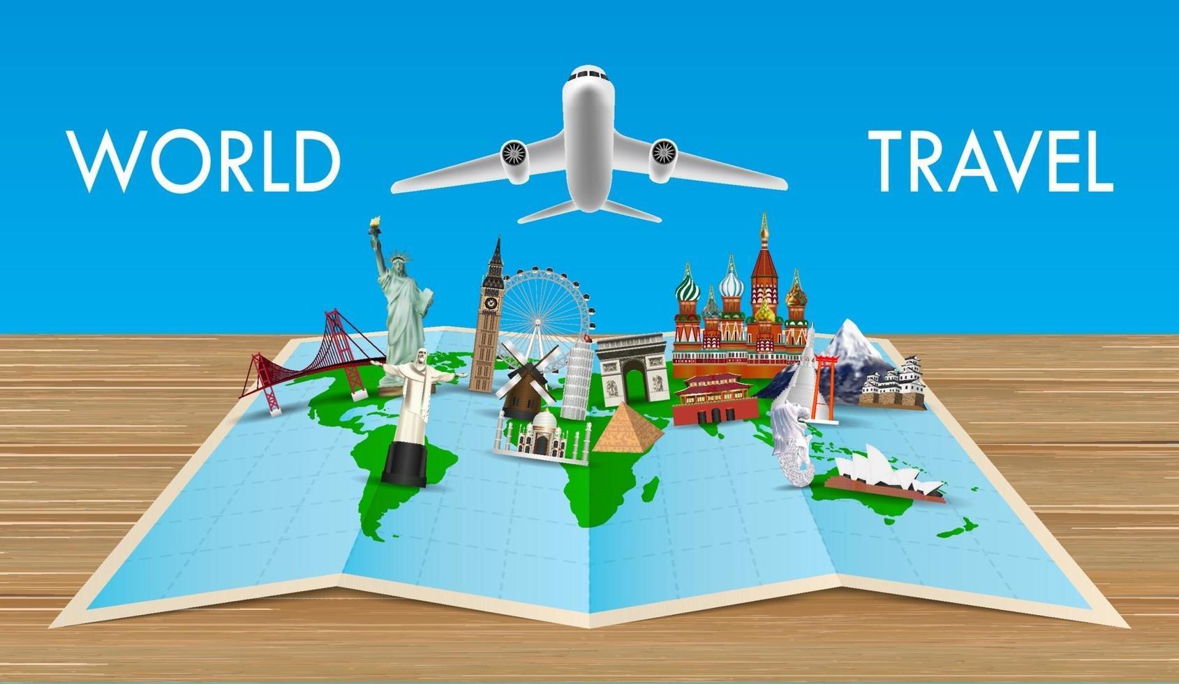 landmarks on world map with flying airplane vector