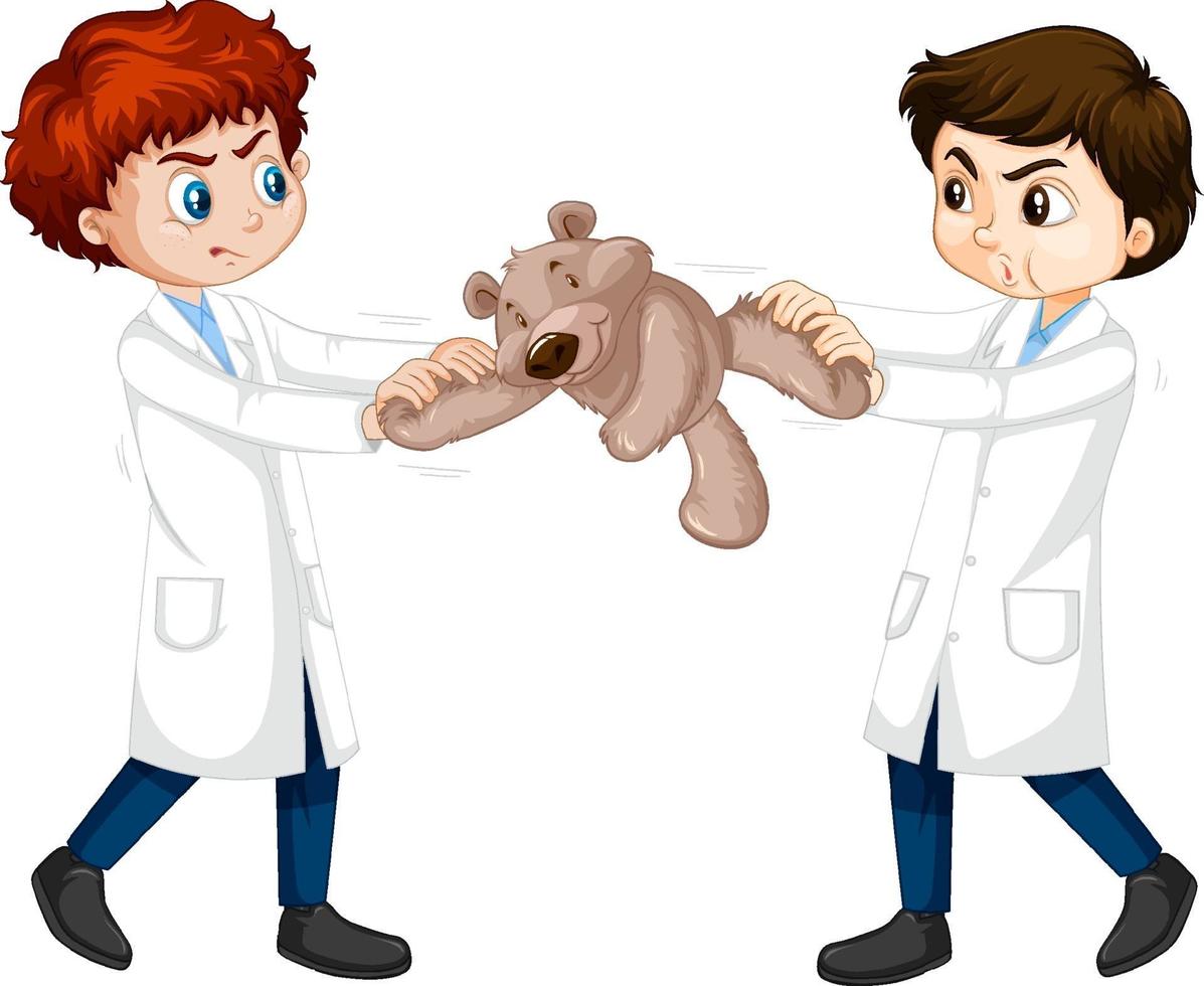 Two boy scientist fighting over a teddy bear vector