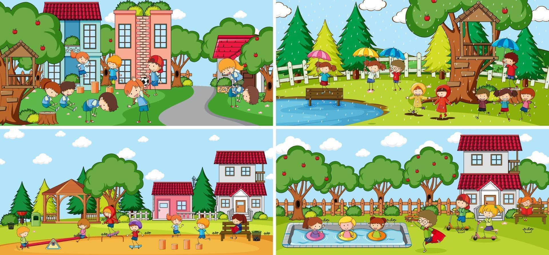 Outdoor scene set with many kids doodle cartoon character vector