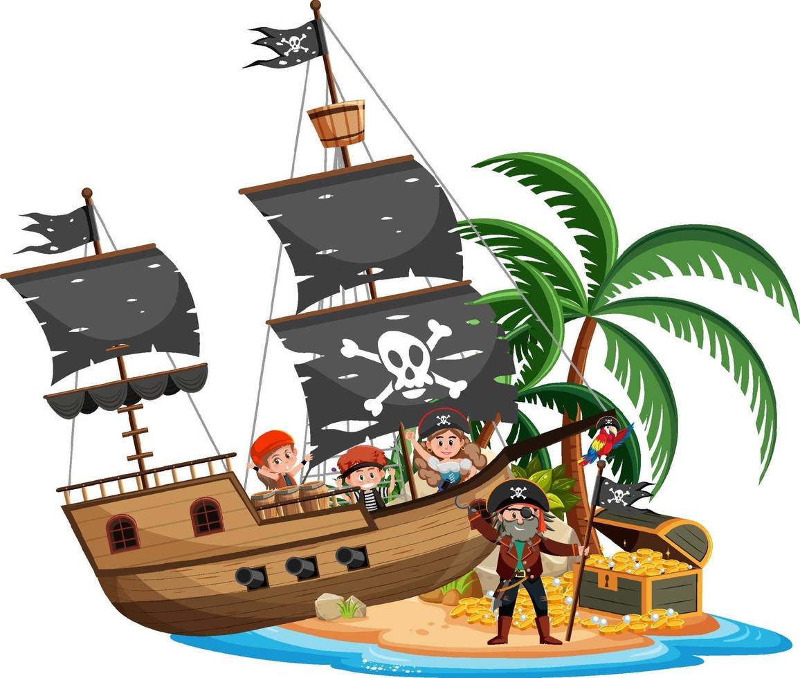 Pirate ship on island with many kids isolated on white background vector