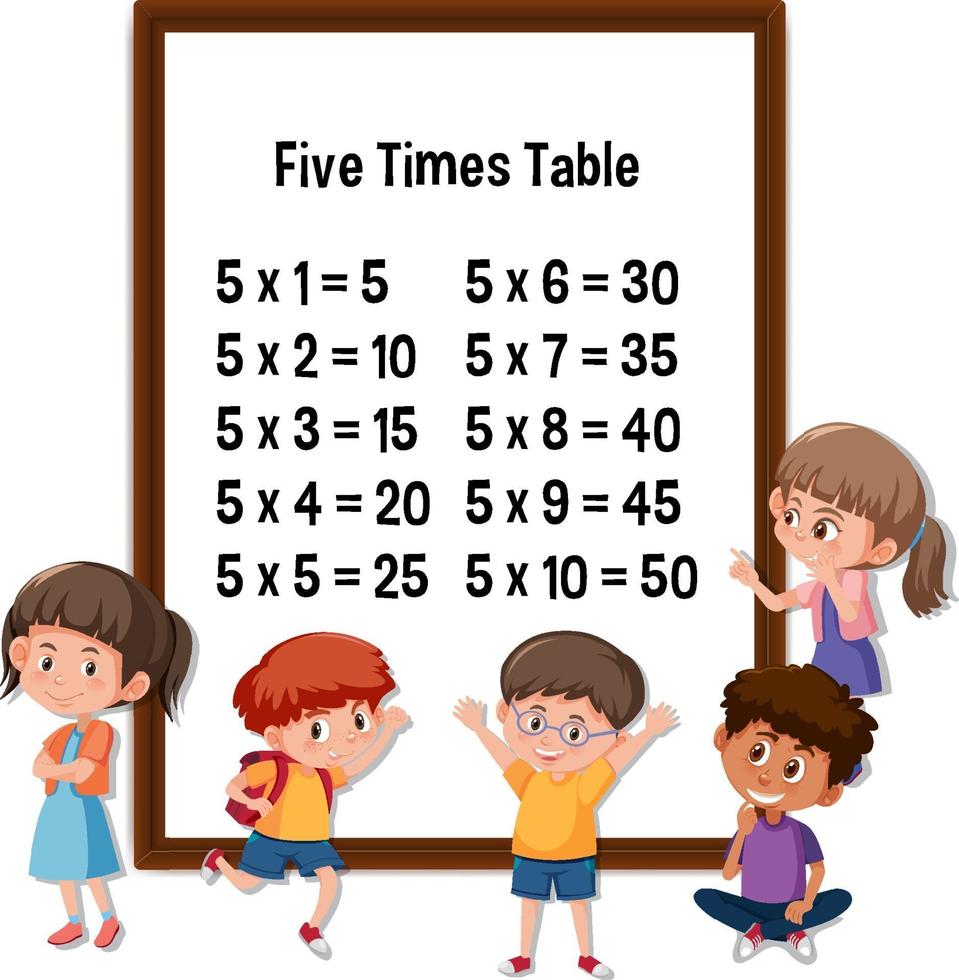 tabla de multiplicar del cinco con muchos niños personajes de dibujos animados vector