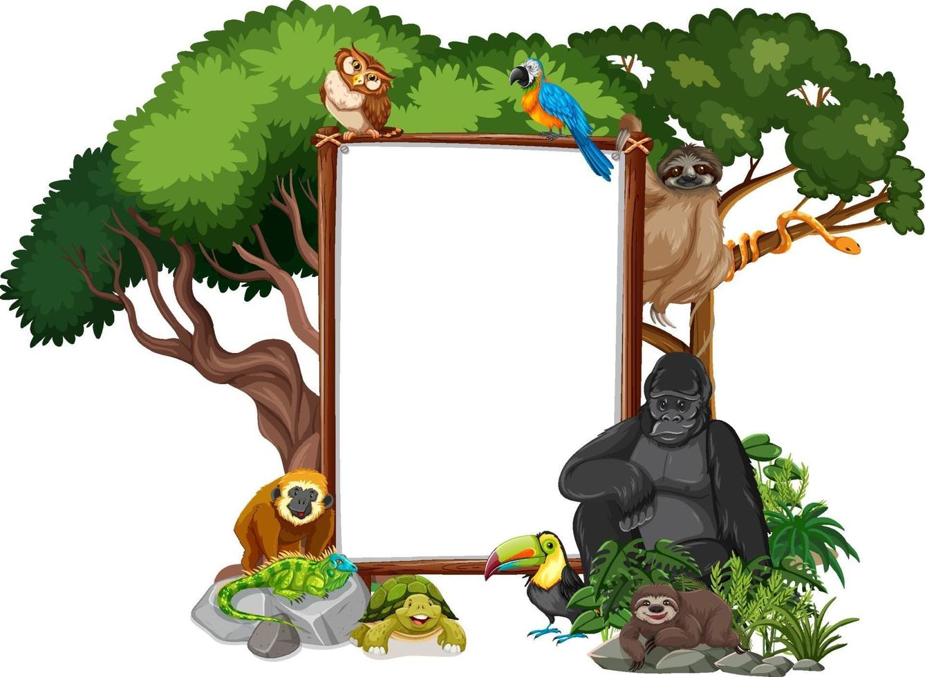 Banner vacío con animales salvajes y árboles de la selva sobre fondo blanco. vector