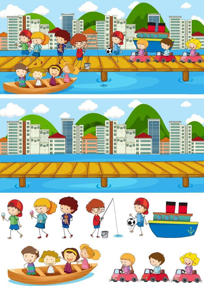 Conjunto de fondo de diferentes escenas horizontales con personaje de dibujos animados de niños doodle vector