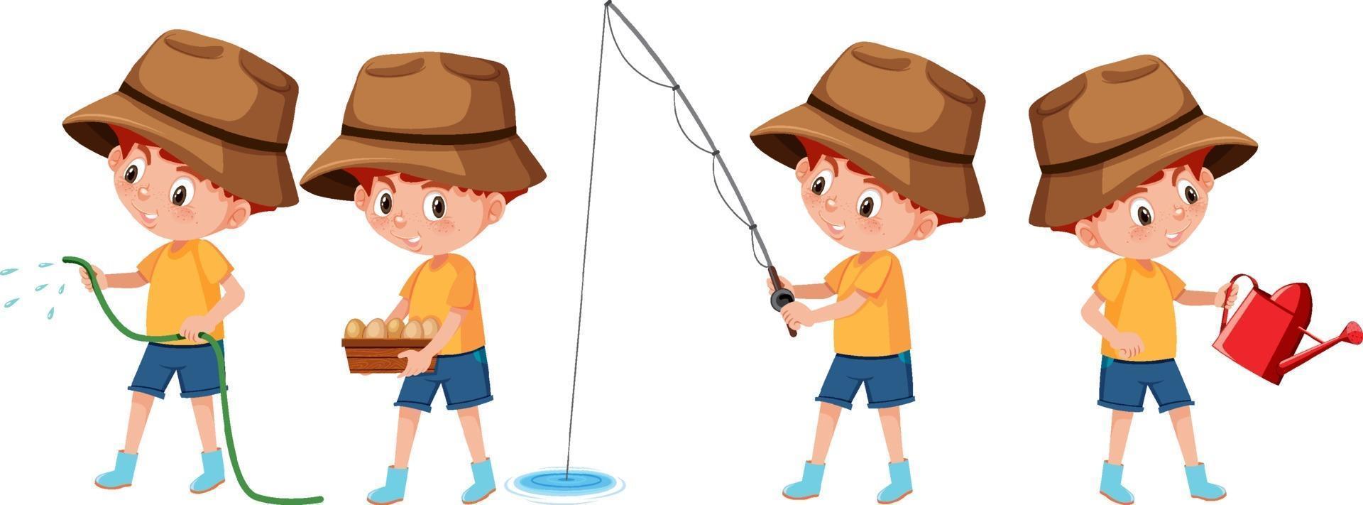 Set of a boy cartoon character doing different activities vector