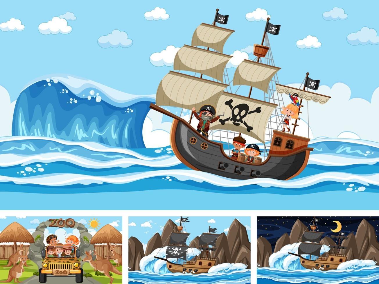 Conjunto de diferentes escenas con barco pirata en el mar y animales en el zoológico. vector