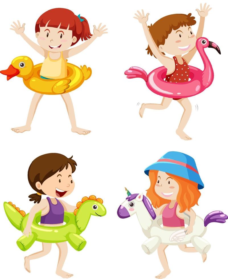 Set of kids with swimming ring in the water isolated vector