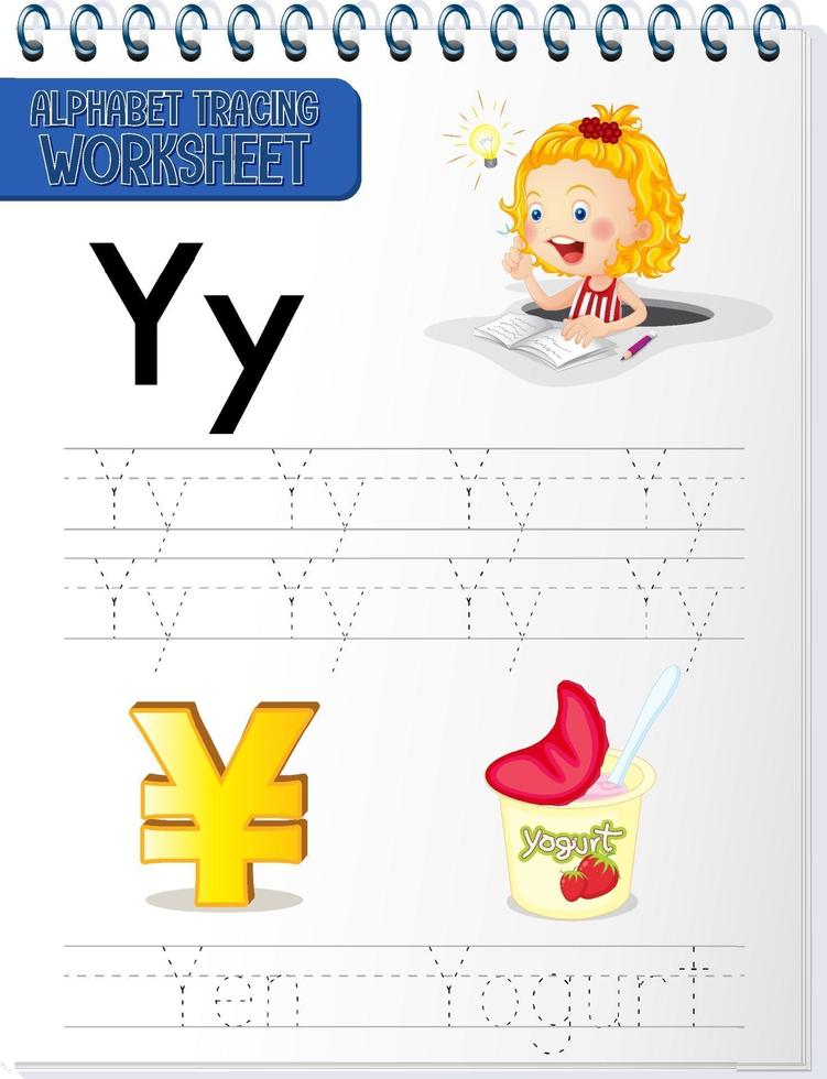 Alphabet tracing worksheet with letter Y and y vector