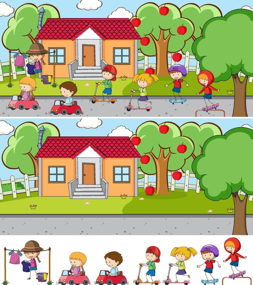 Park scene set with many kids doodle cartoon character isolated vector