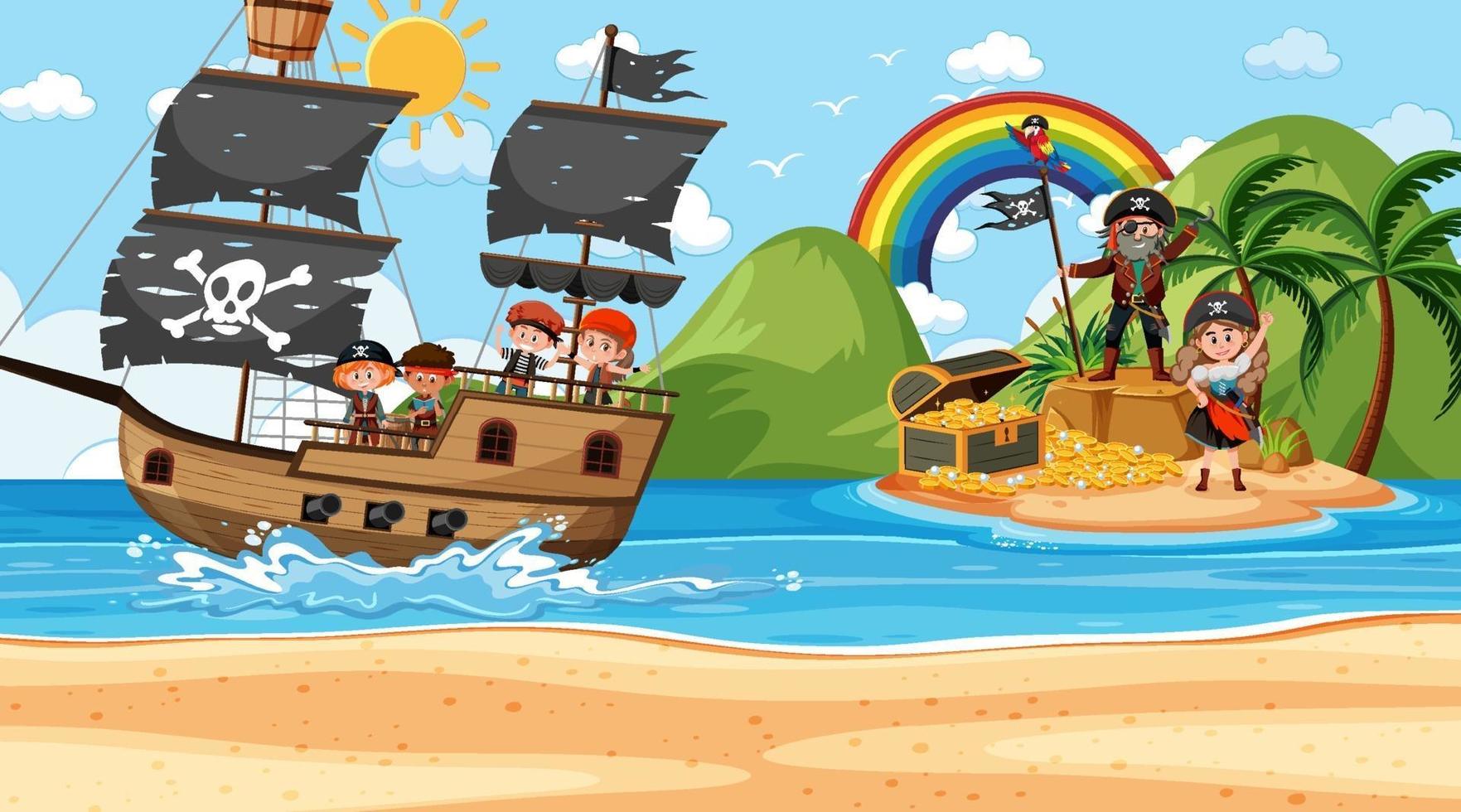 Treasure Island scene at daytime with Pirate kids on the ship vector