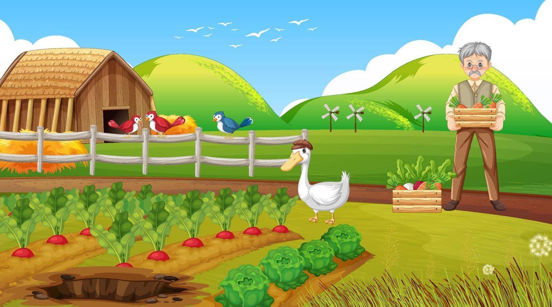 Farm scene with old farmer man and farm animals vector