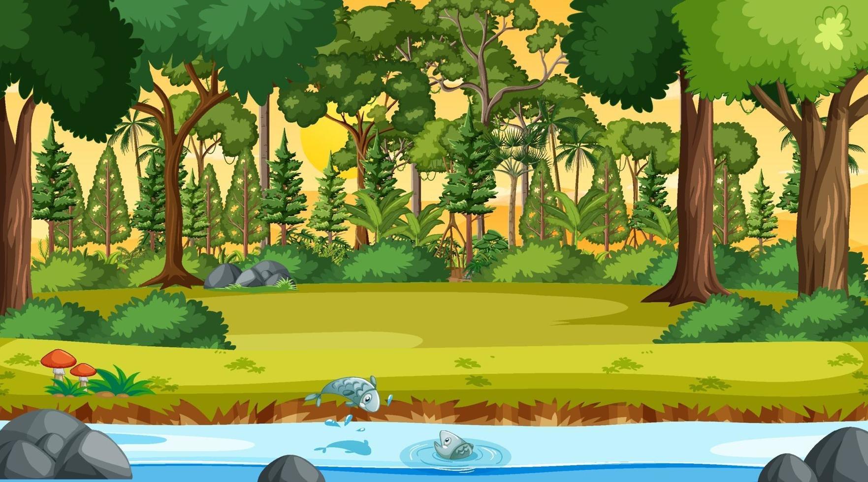 River flow through the forest scene at sunset time vector