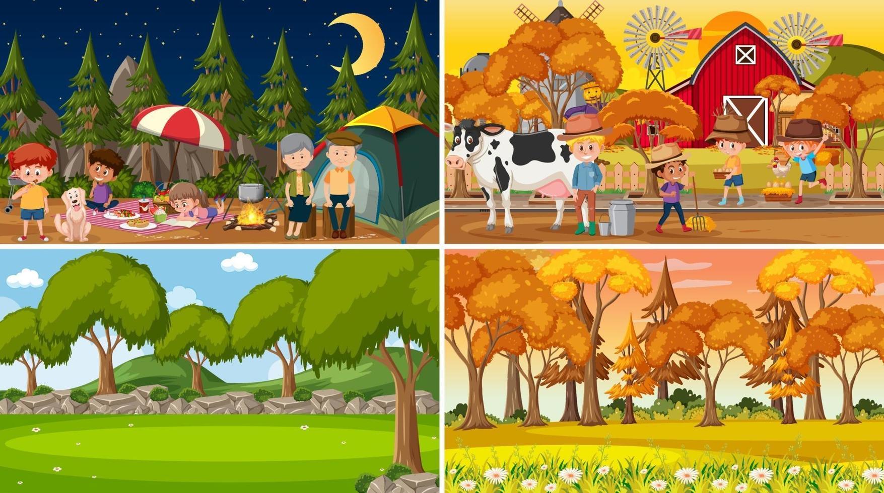 Set of different nature scenes cartoon style vector